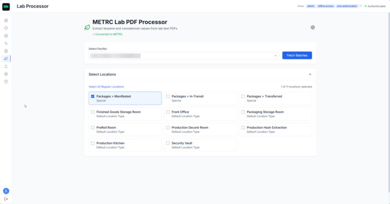 Tagestry Lab Processor connected live to METRC, with a Select Facility dropdown and a grid of facility locations ready to fetch batches